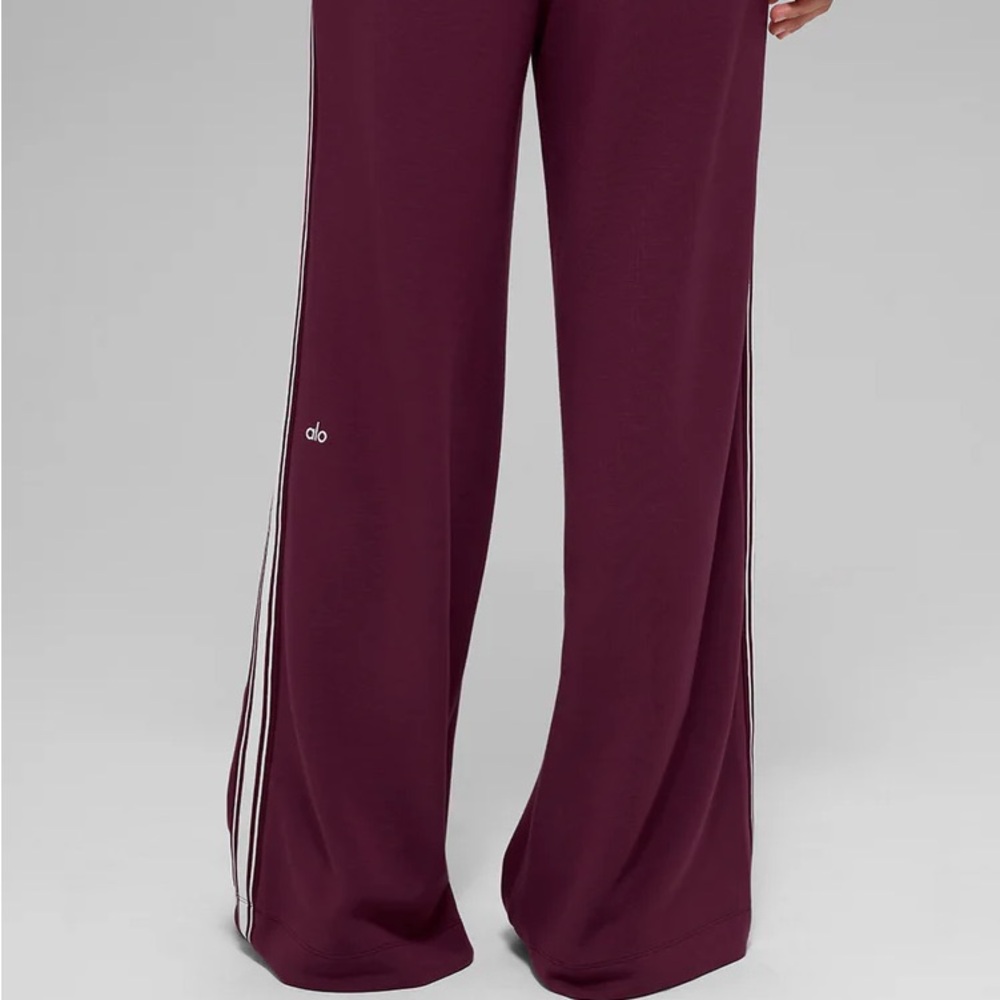 NWT Alo Track Star Wide Leg Pant. Burgundy Wide-Leg Pants with White Stripes - Picture 2 of 8